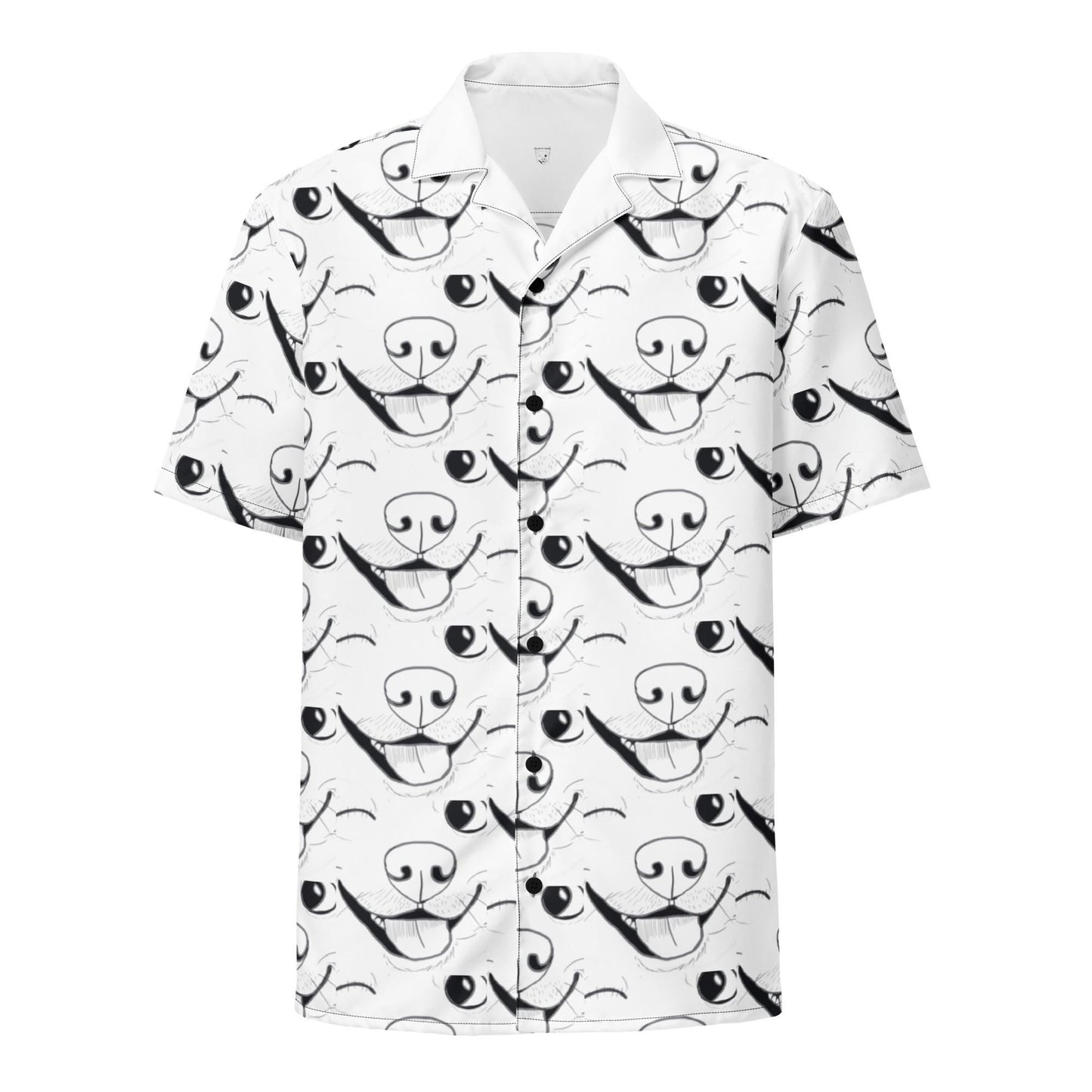 Front view of GrungePup logo all-over print button down shirt laid flat