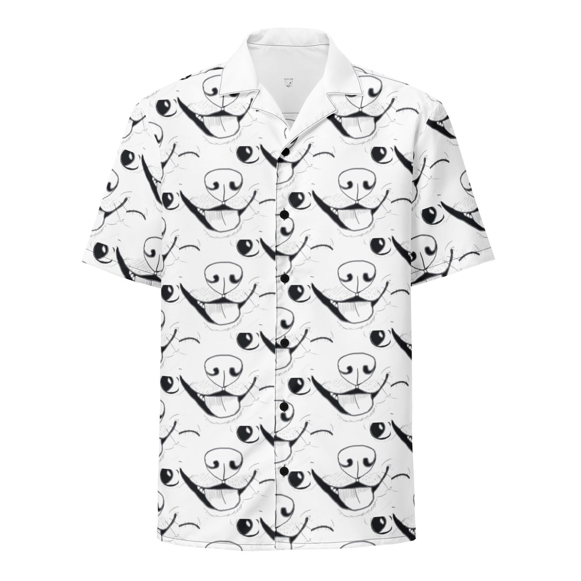 Front view of GrungePup logo all-over print button down shirt laid flat