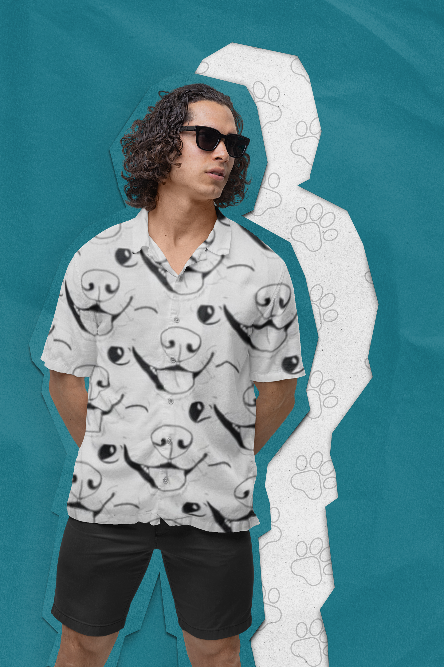 Man with long hair and sunglasses wearing GrungePup logo all-over print button down shirt in surfer style