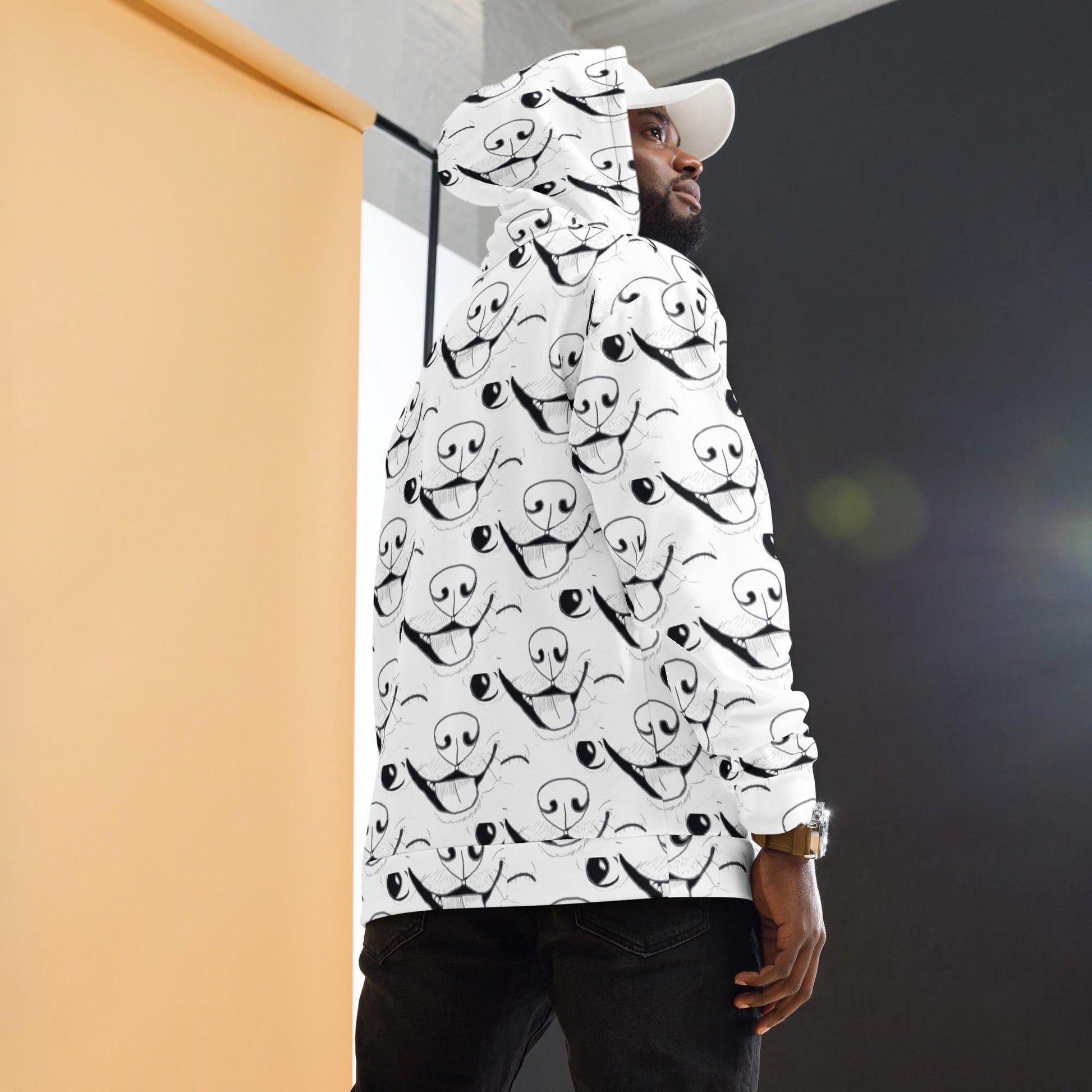 Man wearing GrungePup logo all-over print hoodie shown from side and back view