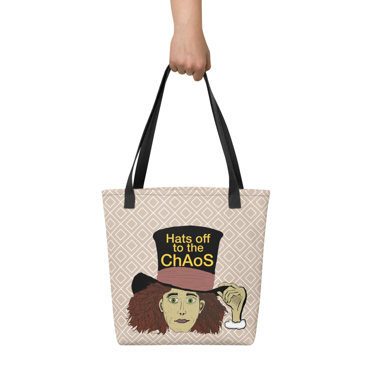 Front view of the Hats Off to the Chaos Mad Hatter tote on a beige diamond field. That Girl, Alice by GrungePup Gallery.