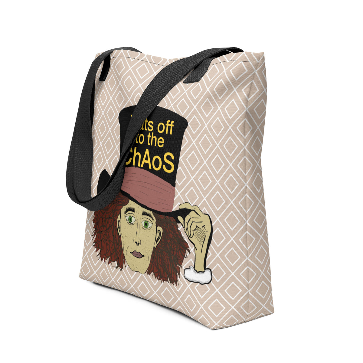 Side angle of the Hats Off to the Chaos Mad Hatter tote showing the beige diamond print and black strap. That Girl, Alice by GrungePup Gallery.