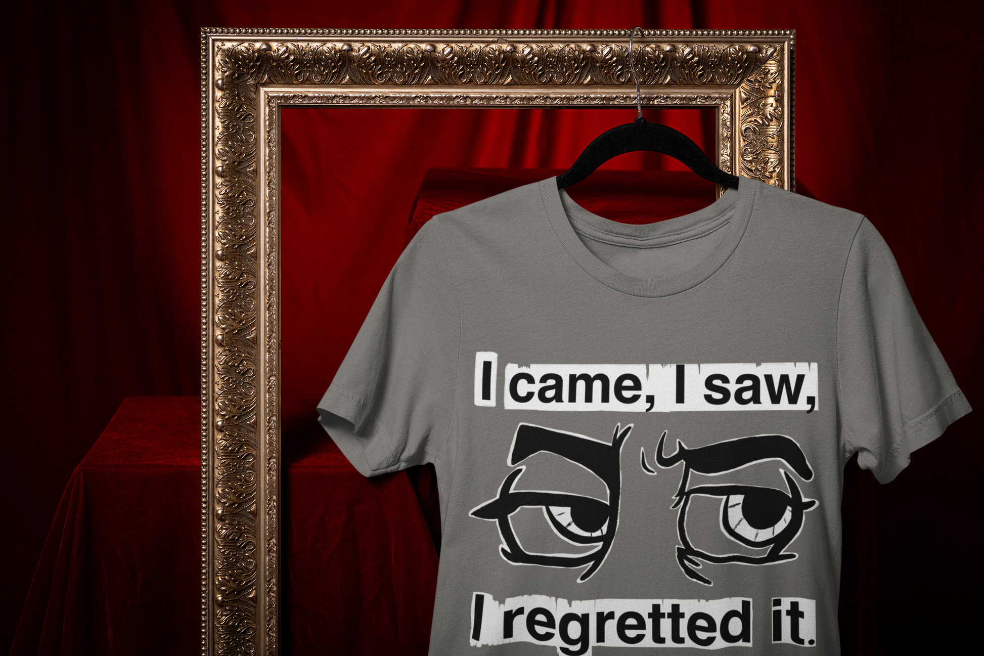 Charcoal Gildan Softstyle t-shirt with I Came I Saw I Regretted It eye-roll design hanging on a black hanger