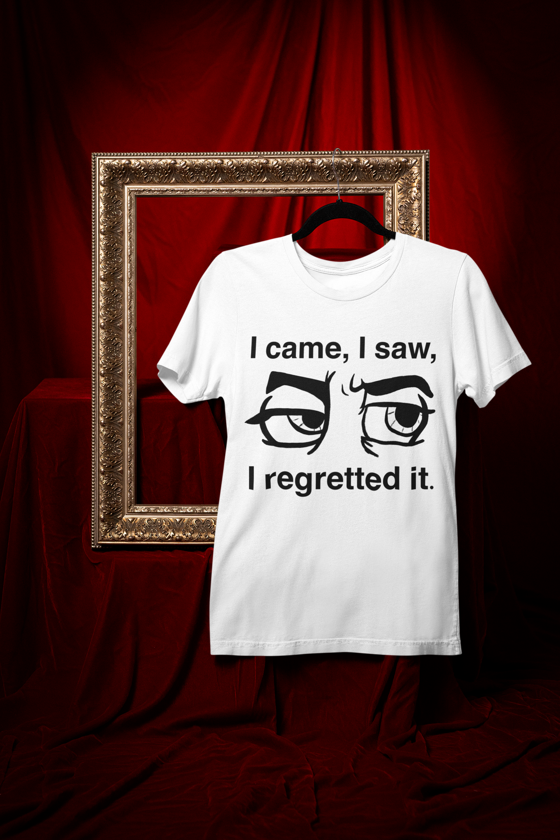 White Gildan Softstyle t-shirt with I Came I Saw I Regretted It eye-roll design hanging on a black hanger