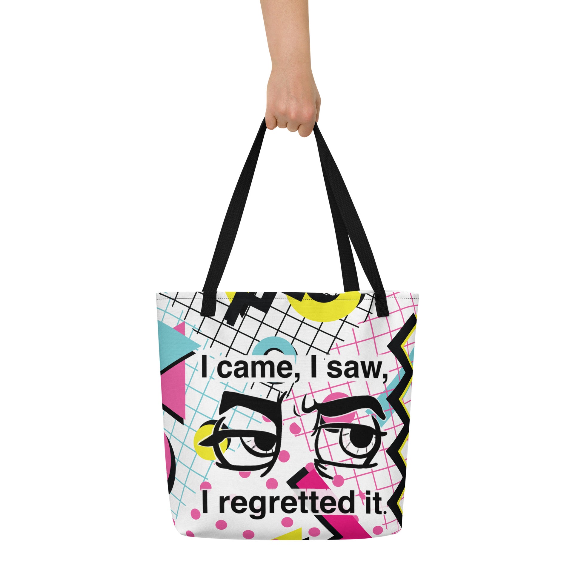 Back view of the I Came I Saw I Regretted It all-over print tote bag showing the reverse side of the design
