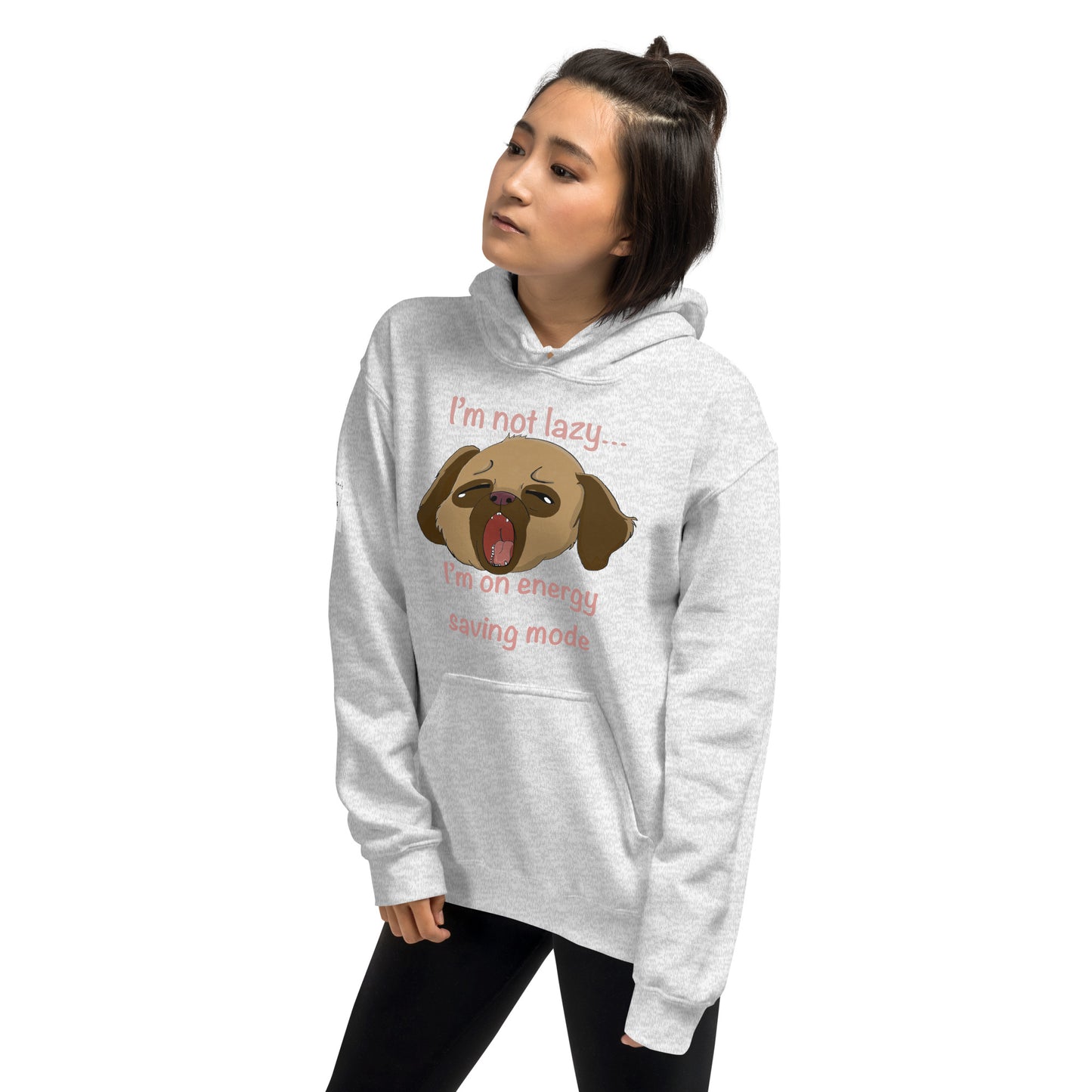 Young Asian woman wearing ash I'm Not Lazy... I'm On Energy Saving Mode hoodie looking to the side