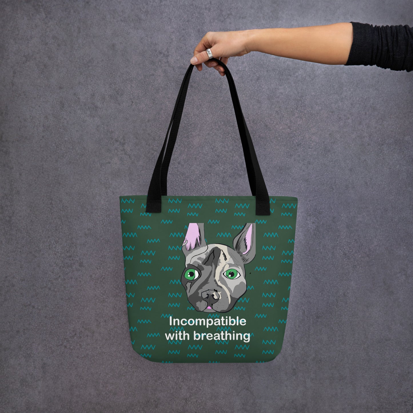 Incompatible with Breathing all-over print tote bag front view with French Bulldog and sarcastic brachycephalic text – GrungePup Vet Chaos humor tote for vet techs