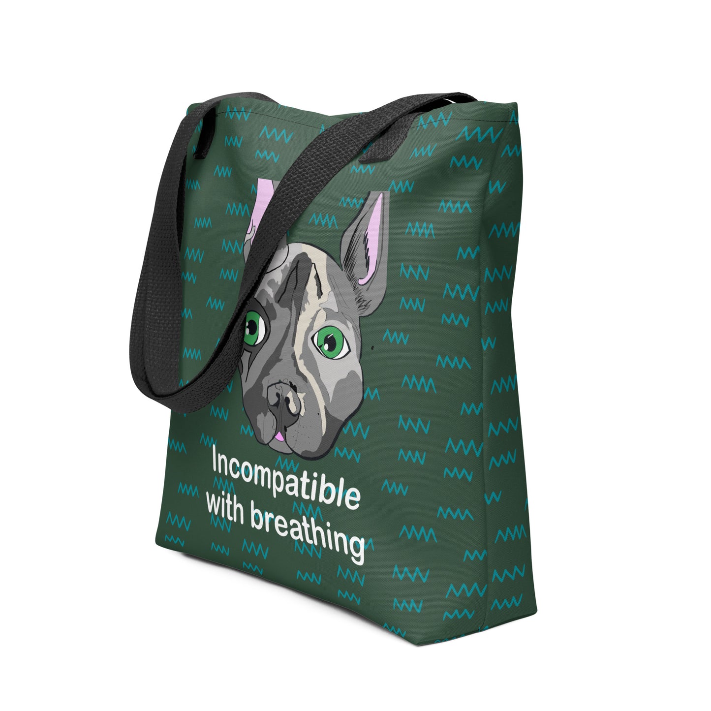 Incompatible with Breathing all-over print tote bag being held by hand with French Bulldog design – GrungePup Vet Chaos sarcastic vet med accessory