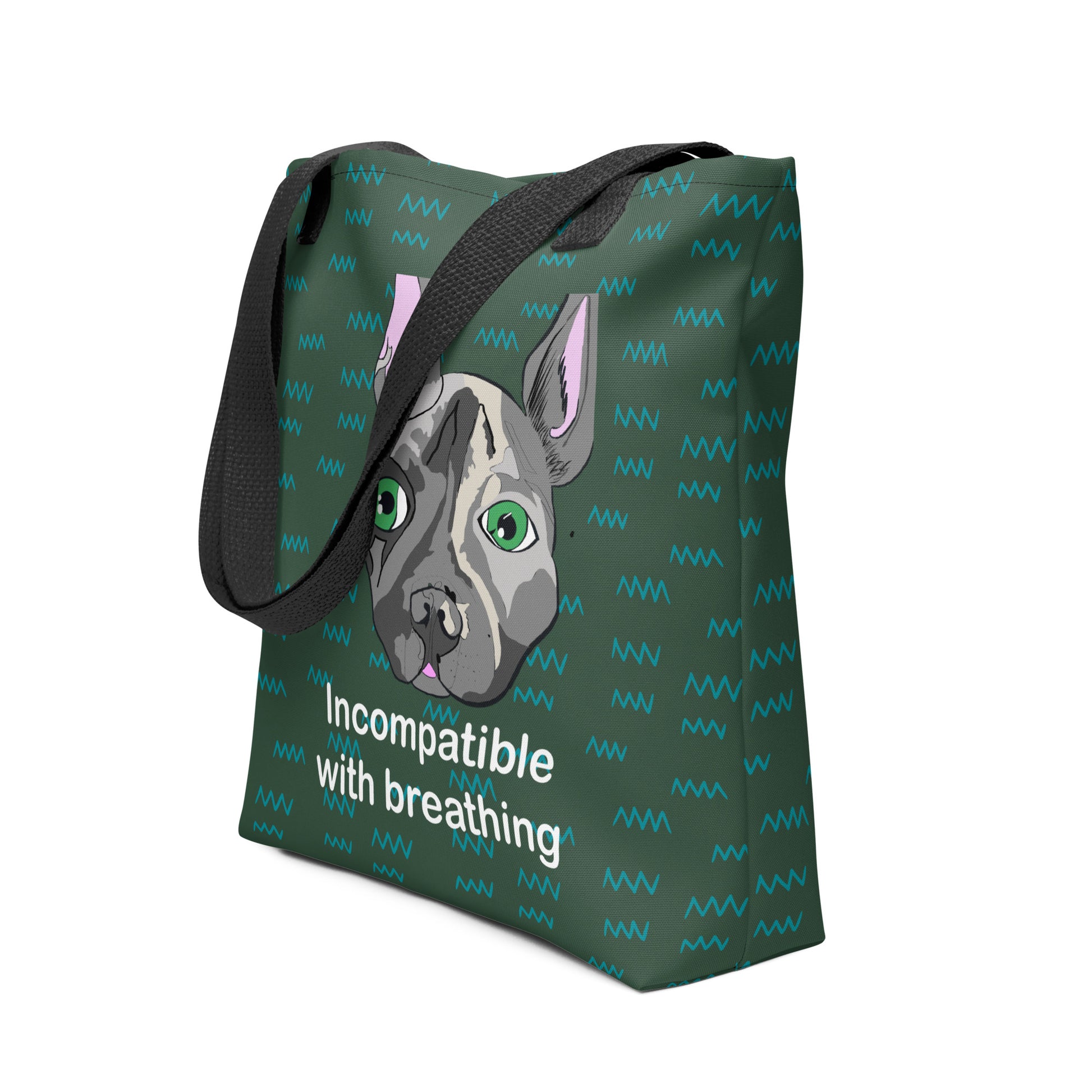 Incompatible with Breathing all-over print tote bag being held by hand with French Bulldog design – GrungePup Vet Chaos sarcastic vet med accessory