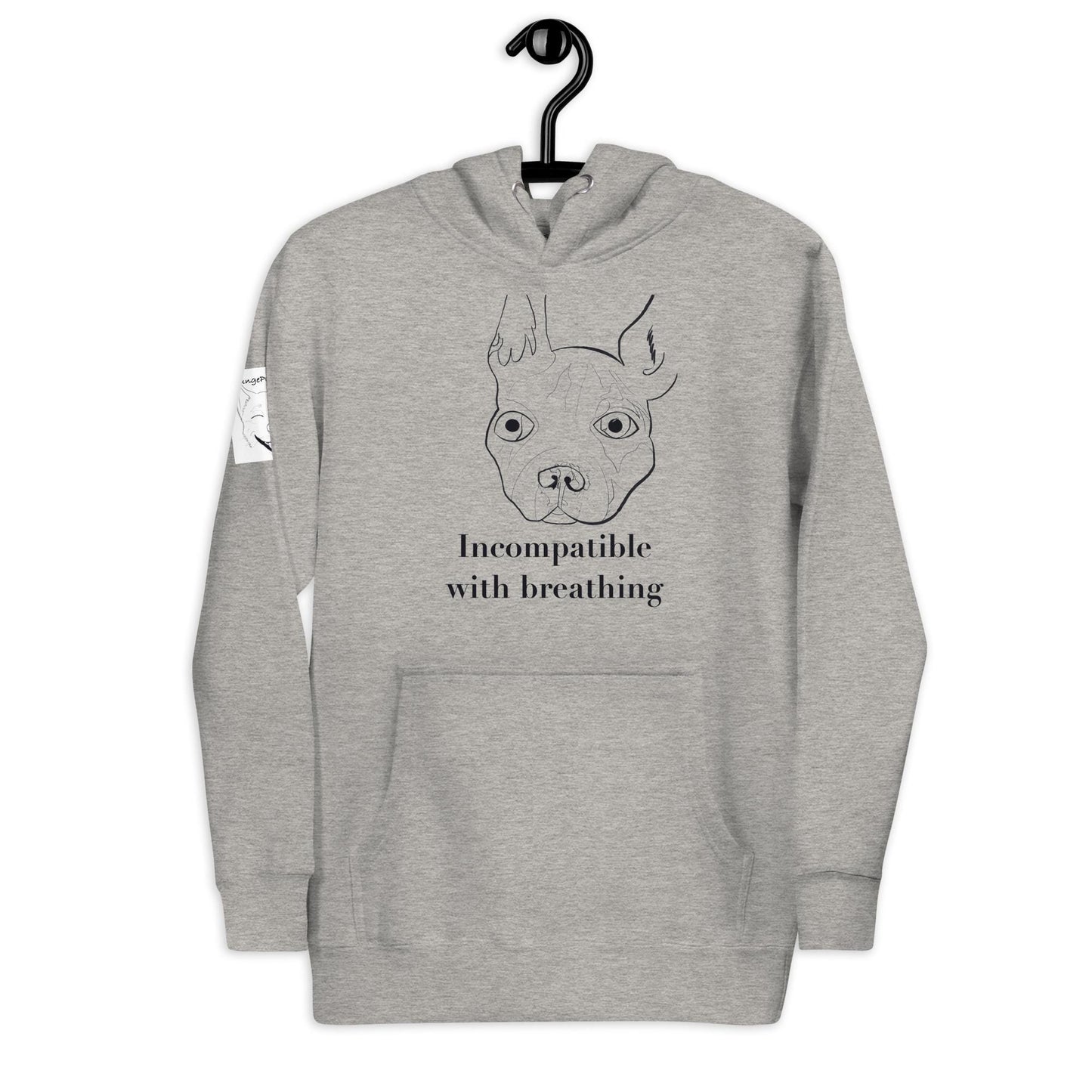 Woman wearing carbon grey "Incompatible with Breathing" hoodie with French Bulldog design – GrungePup Vet Chaos brachycephalic humor