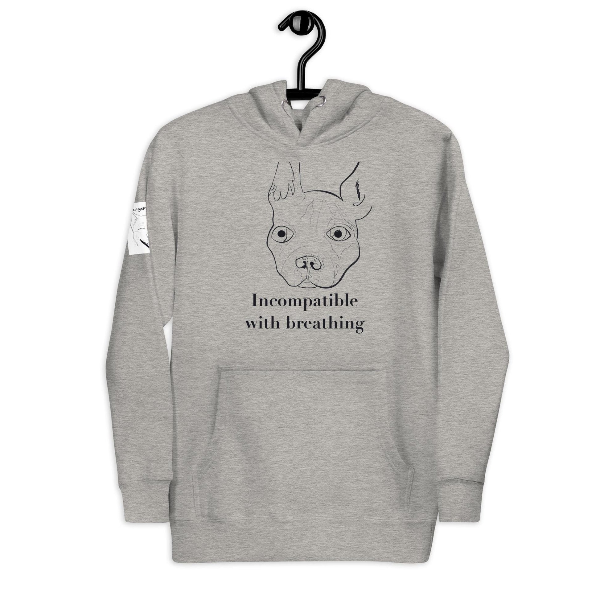 Woman wearing carbon grey "Incompatible with Breathing" hoodie with French Bulldog design – GrungePup Vet Chaos brachycephalic humor