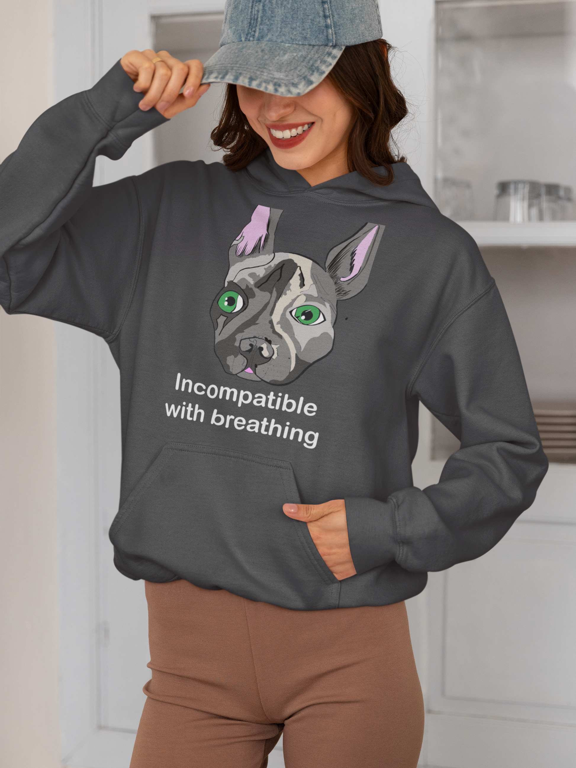 Woman standing with dog wearing dark heather "Incompatible with Breathing" hoodie with French Bulldog design – GrungePup Vet Chaos sarcastic design