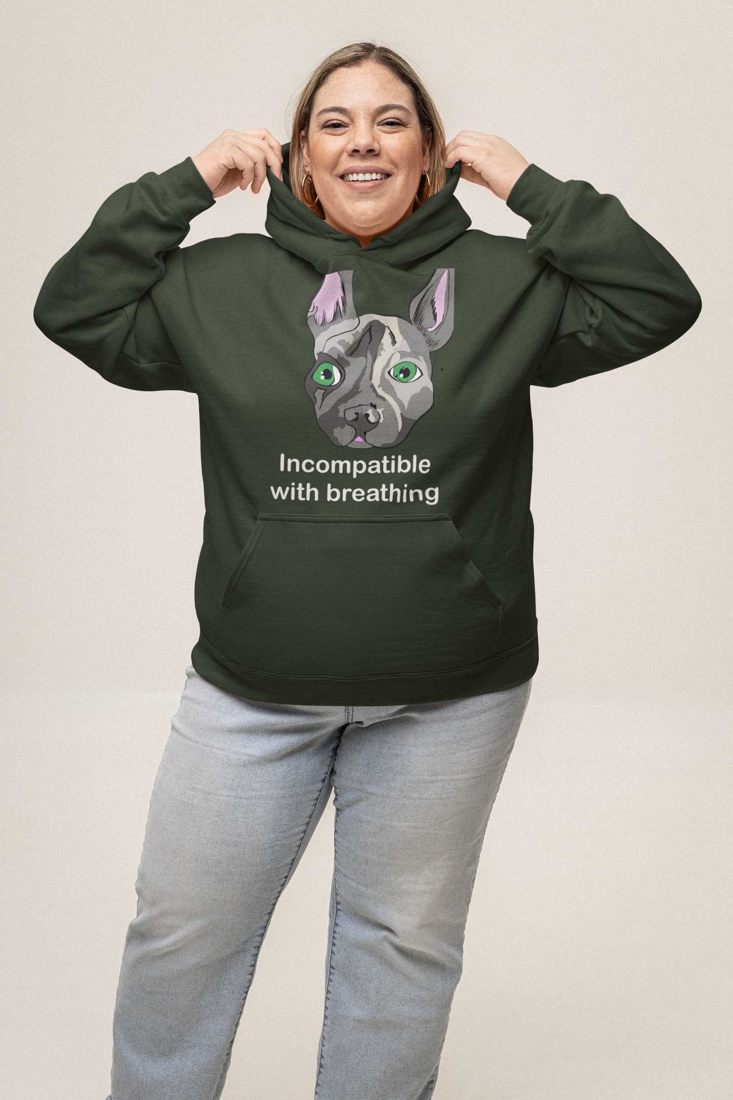 Plus-size woman wearing forest green "Incompatible with Breathing" hoodie with French Bulldog design – GrungePup Vet Chaos brachycephalic humor apparel