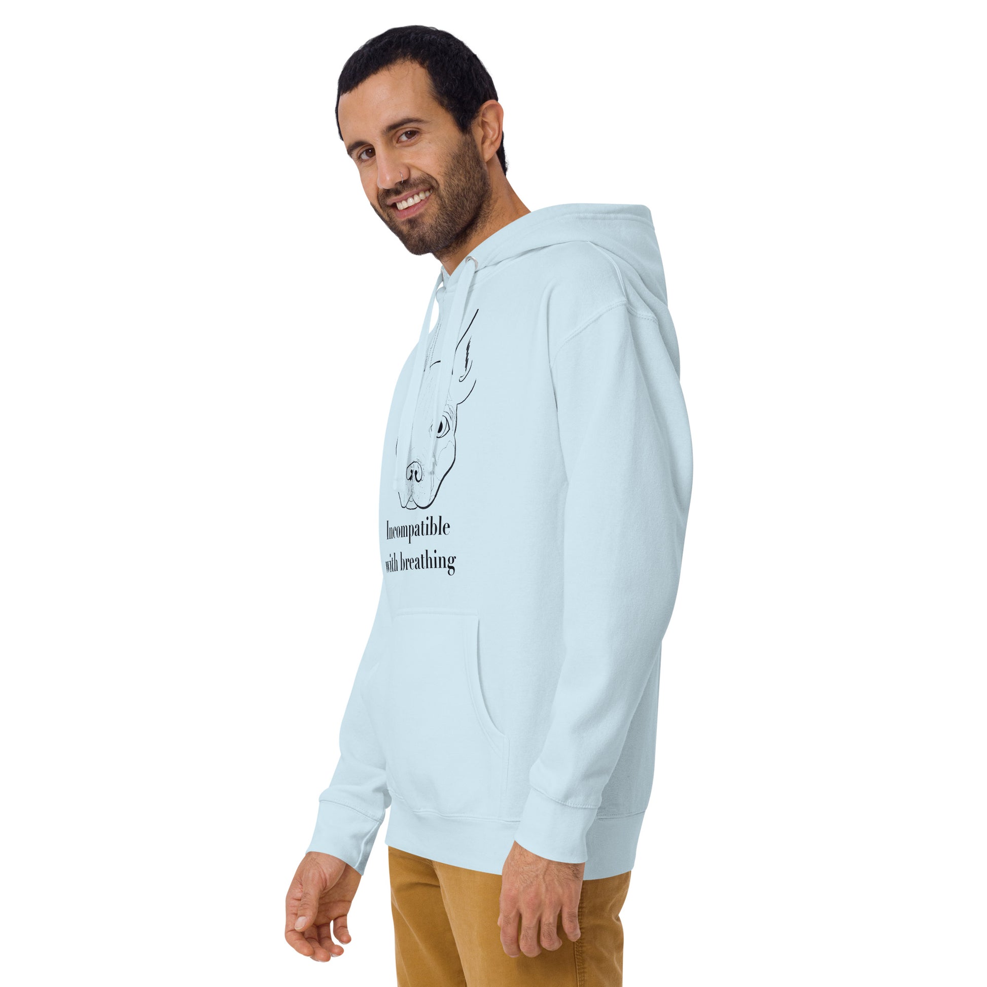 Man smiling and posing wearing sky blue Incompatible with Breathing black ink hoodie with French Bulldog line art