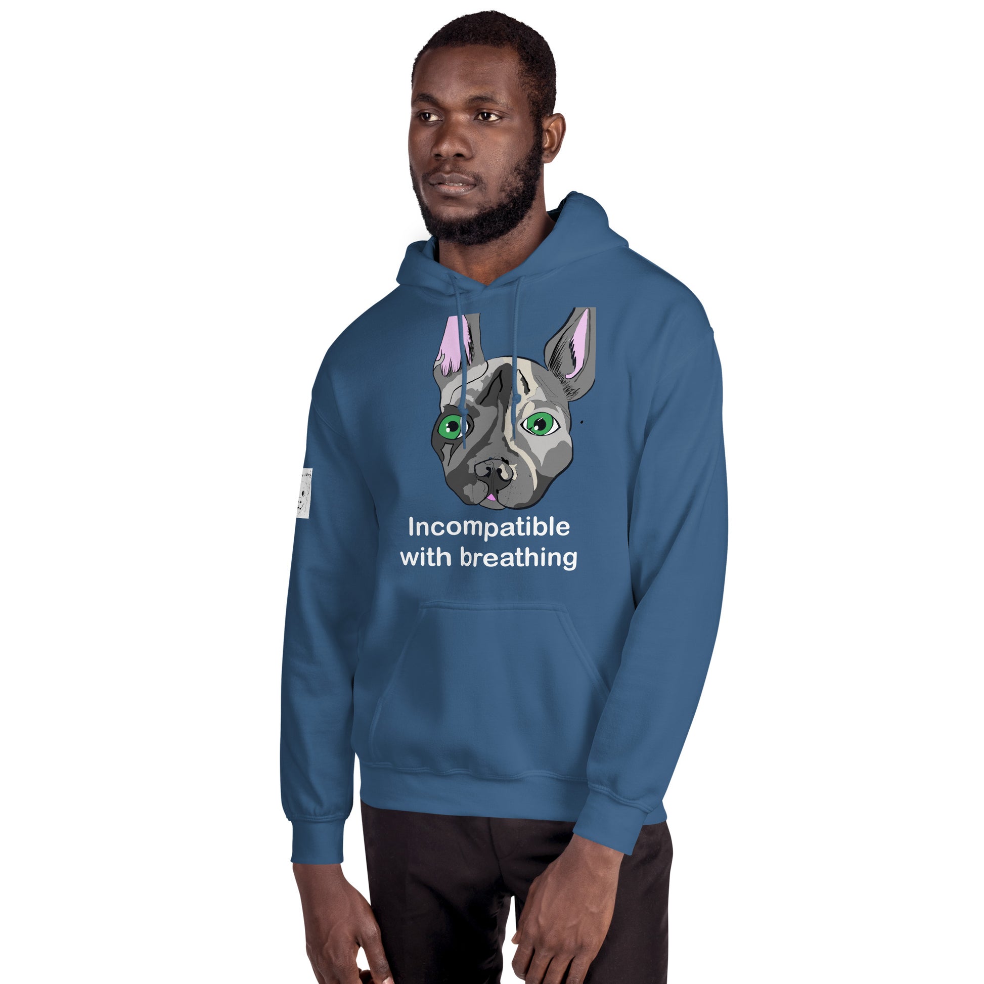 Man wearing indigo blue "Incompatible with Breathing" hoodie with French Bulldog design – GrungePup Vet Chaos brachycephalic humor apparel