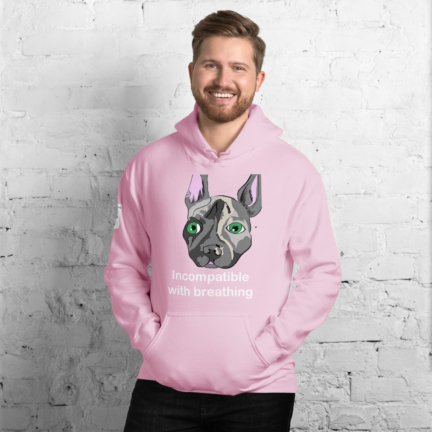 Man wearing light pink "Incompatible with Breathing" hoodie with French Bulldog design – GrungePup Vet Chaos humor apparel