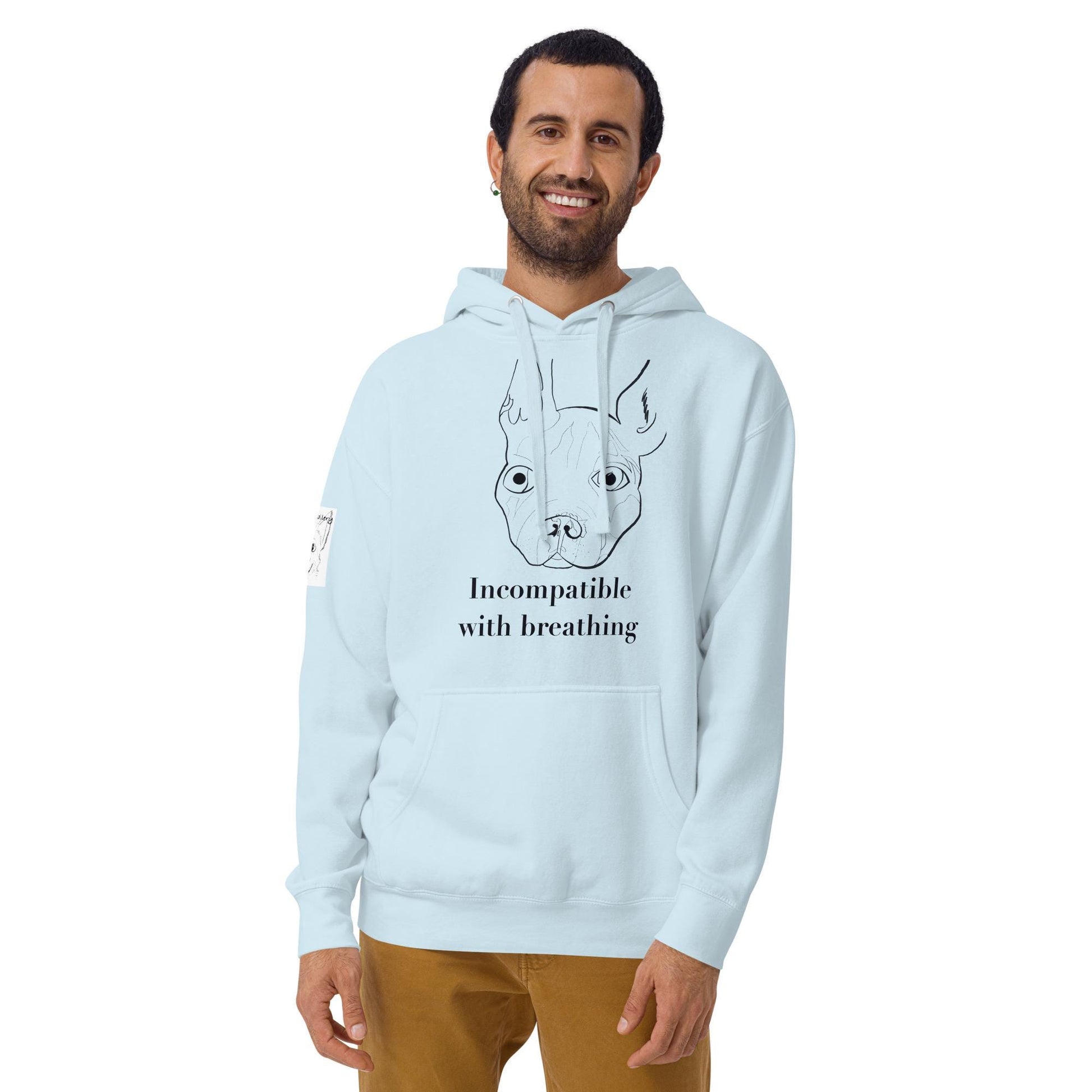 Man wearing sky blue "Incompatible with Breathing" hoodie with French Bulldog line art – GrungePup Vet Chaos humor apparel