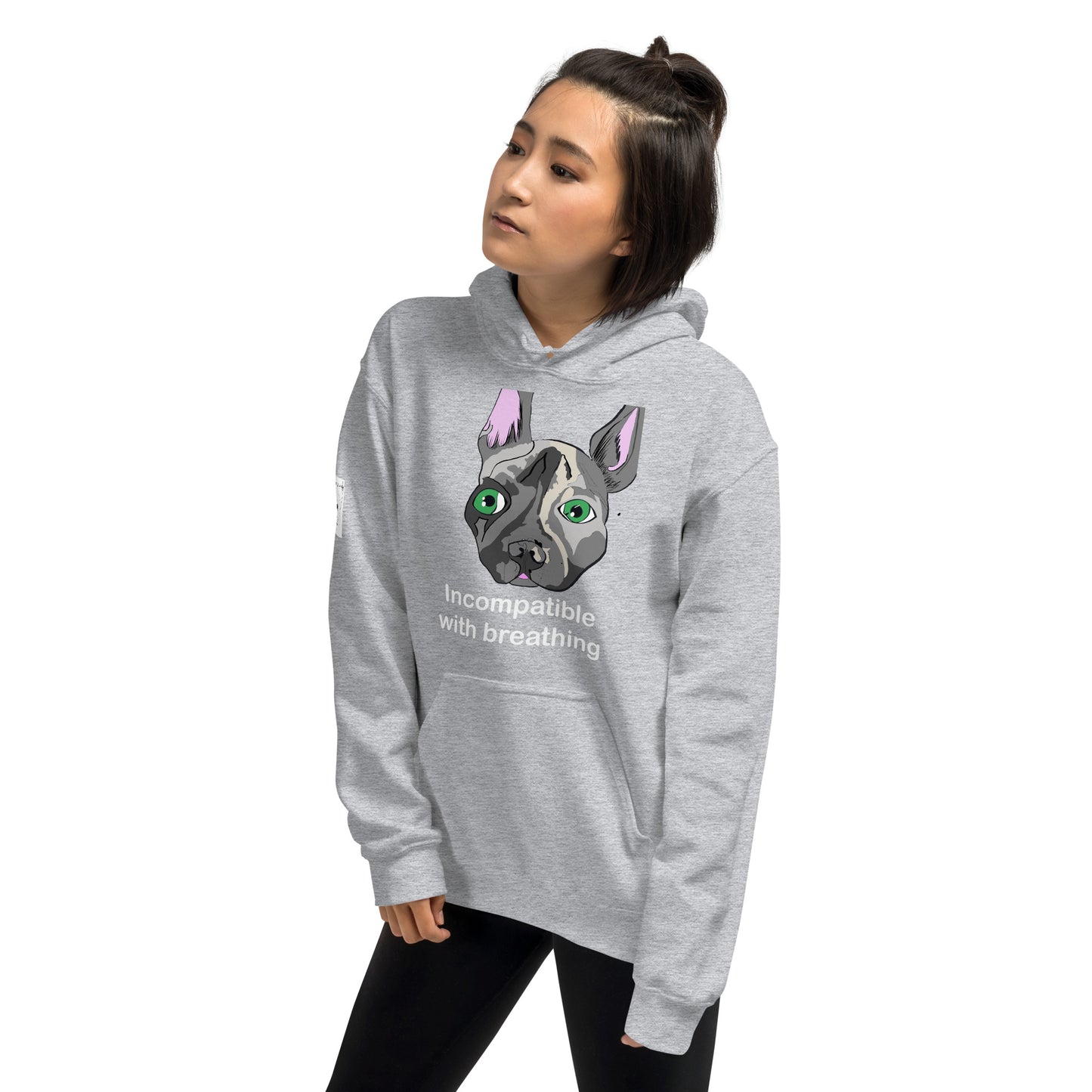 Woman wearing sport grey "Incompatible with Breathing" hoodie with French Bulldog and green eyes design – GrungePup Vet Chaos sarcastic vet med apparel