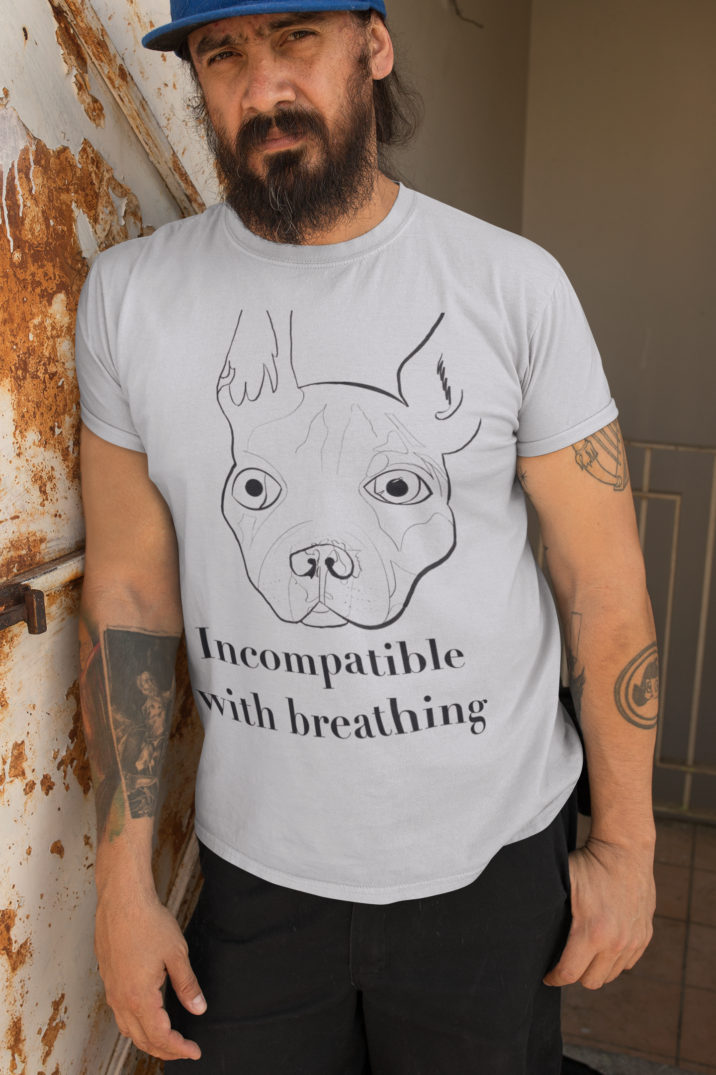 Man wearing sport grey "Incompatible with Breathing" t-shirt with French Bulldog and text – GrungePup Vet Chaos humor apparel