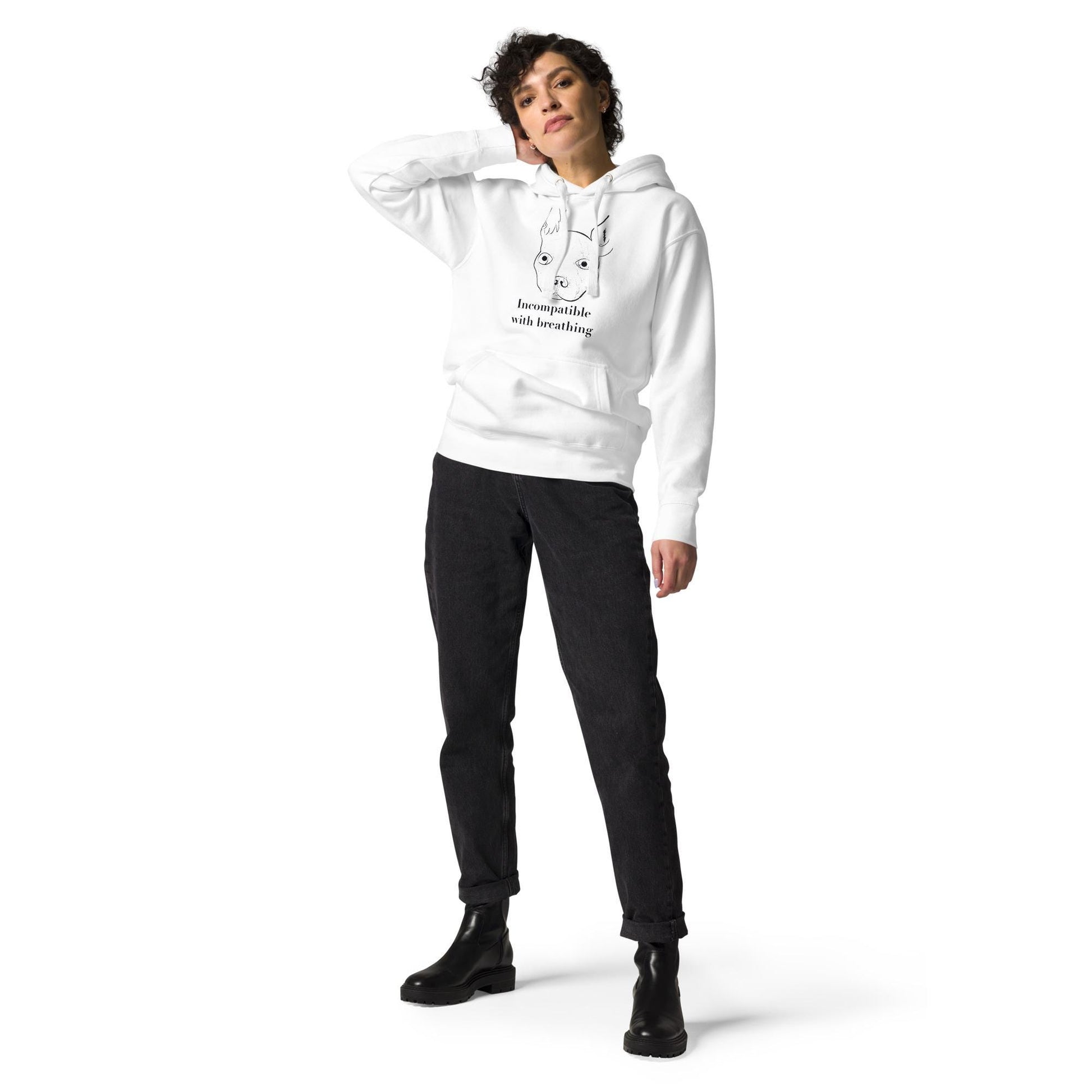 Incompatible with Breathing white hoodie with black ink French Bulldog and text – GrungePup Vet Chaos humor apparel