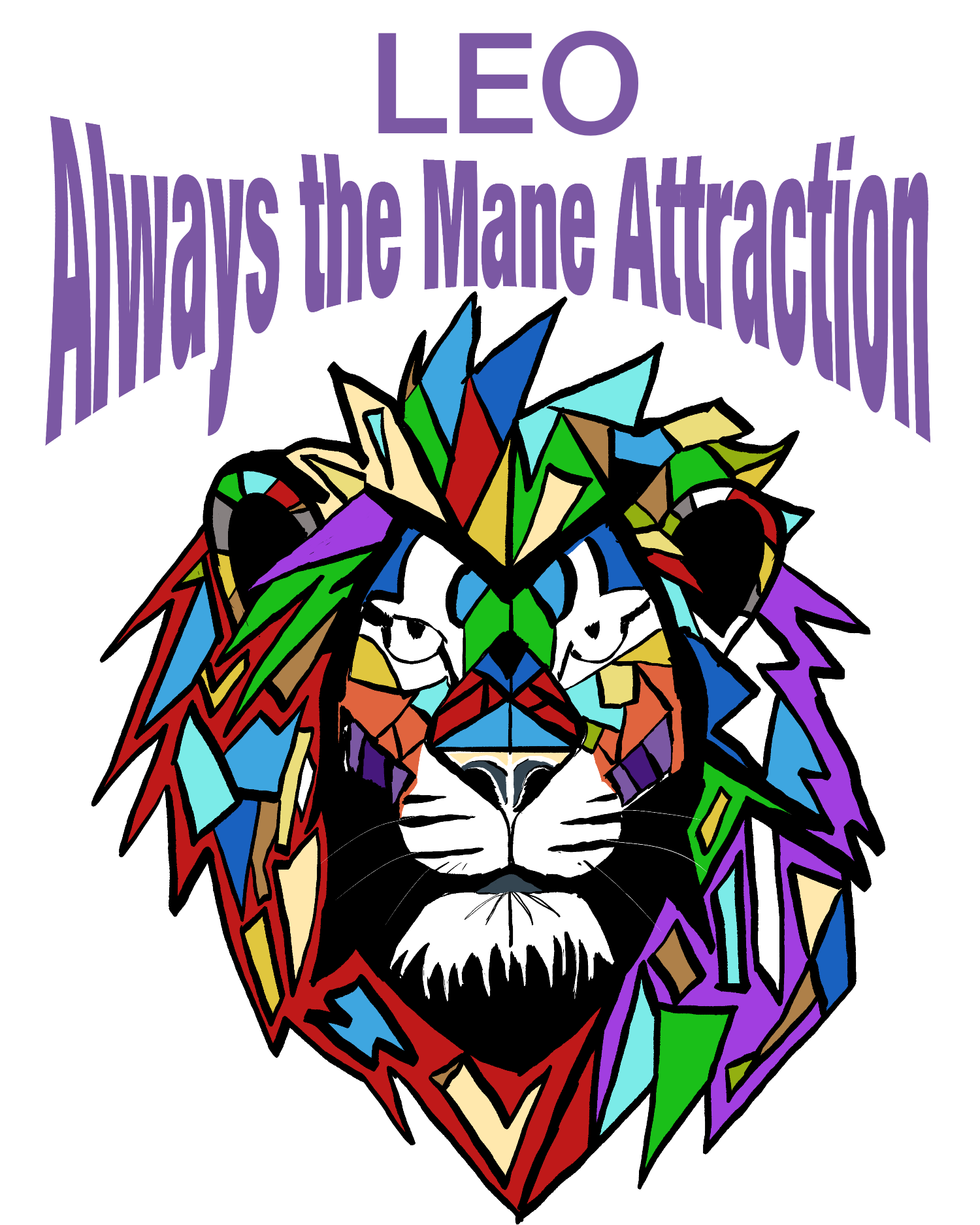Close-up of the colorful mosaic lion Leo Always the Mane Attraction design on a black background