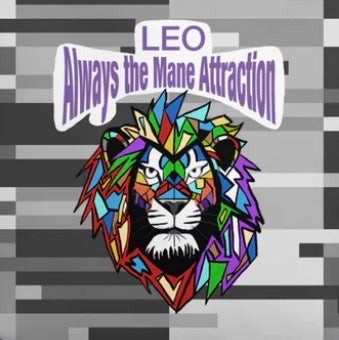 Close-up of the colorful mosaic lion Leo Always the Mane Attraction design on the black and white geometric all-over print tote bag