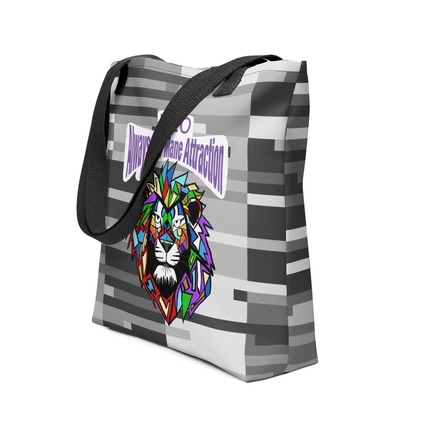 Side angle view of the Leo Always the Mane Attraction all-over print tote bag showing the full design and black straps