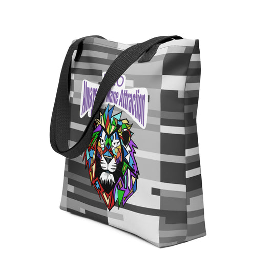 Side angle view of the Leo Always the Mane Attraction all-over print tote bag showing the full design and black straps