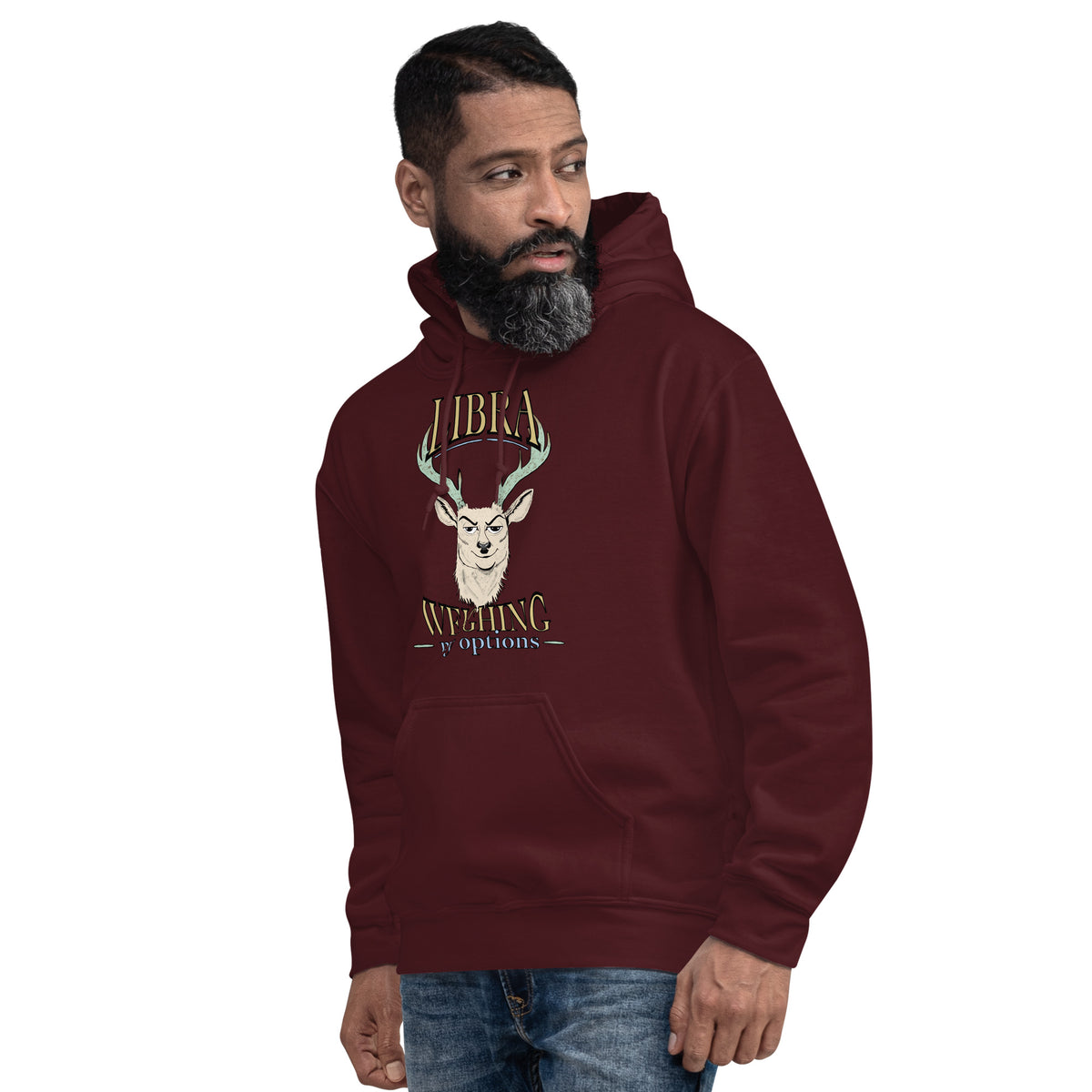 Bearded man wearing a maroon Libra Weighing My Options hoodie, cream stag, mint antlers, and gold lettering.