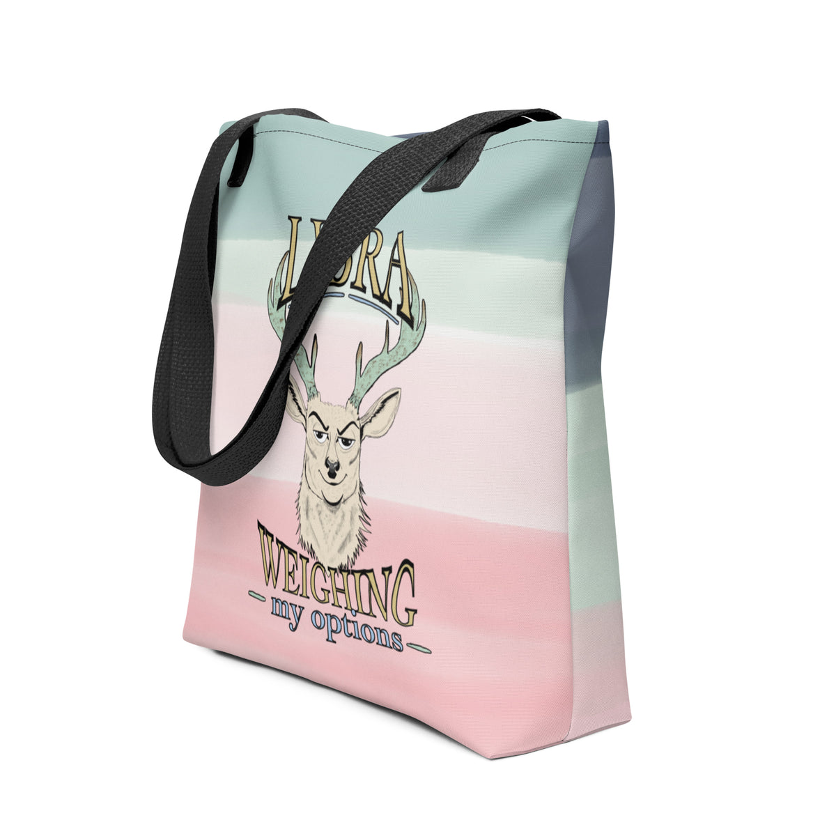 Side angle of the Libra Weighing My Options tote showing the cream stag print wrapping the bag, mint and pink watercolor background, and black strap.