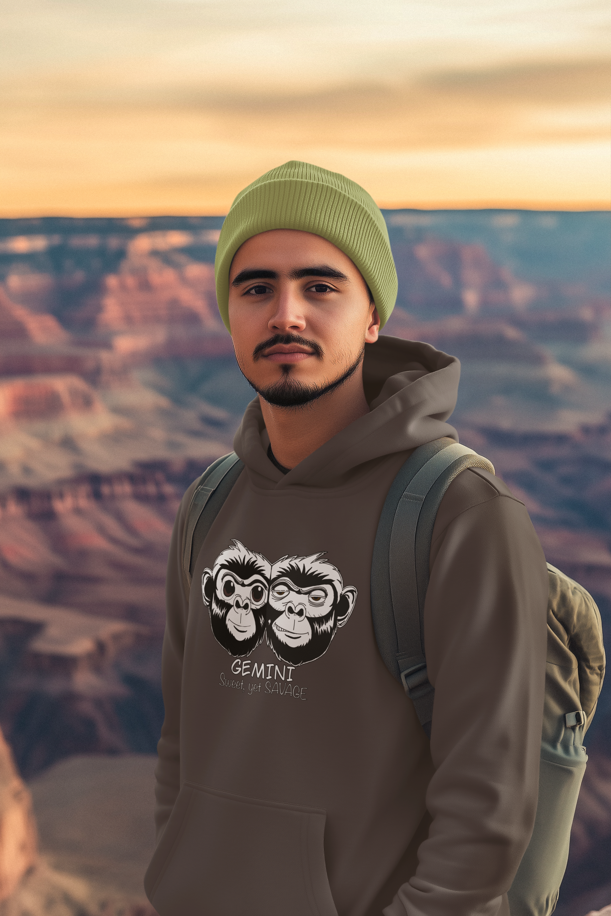Man wearing a beanie and charcoal heather Gemini Sweet Yet Savage hoodie posing on a mountain
