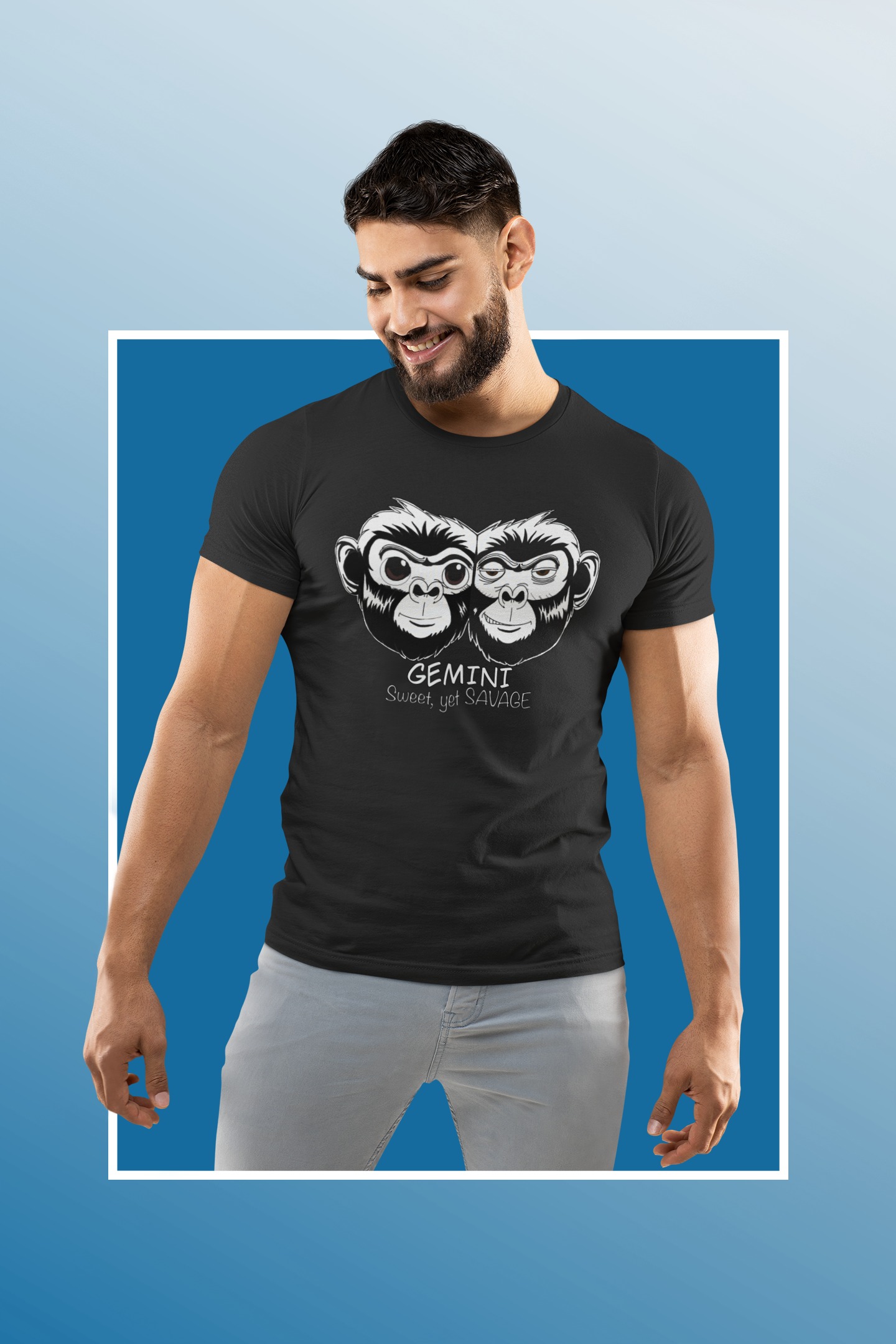 Man smiling and looking down while wearing a vintage black Bella + Canvas Gemini Sweet Yet Savage t-shirt