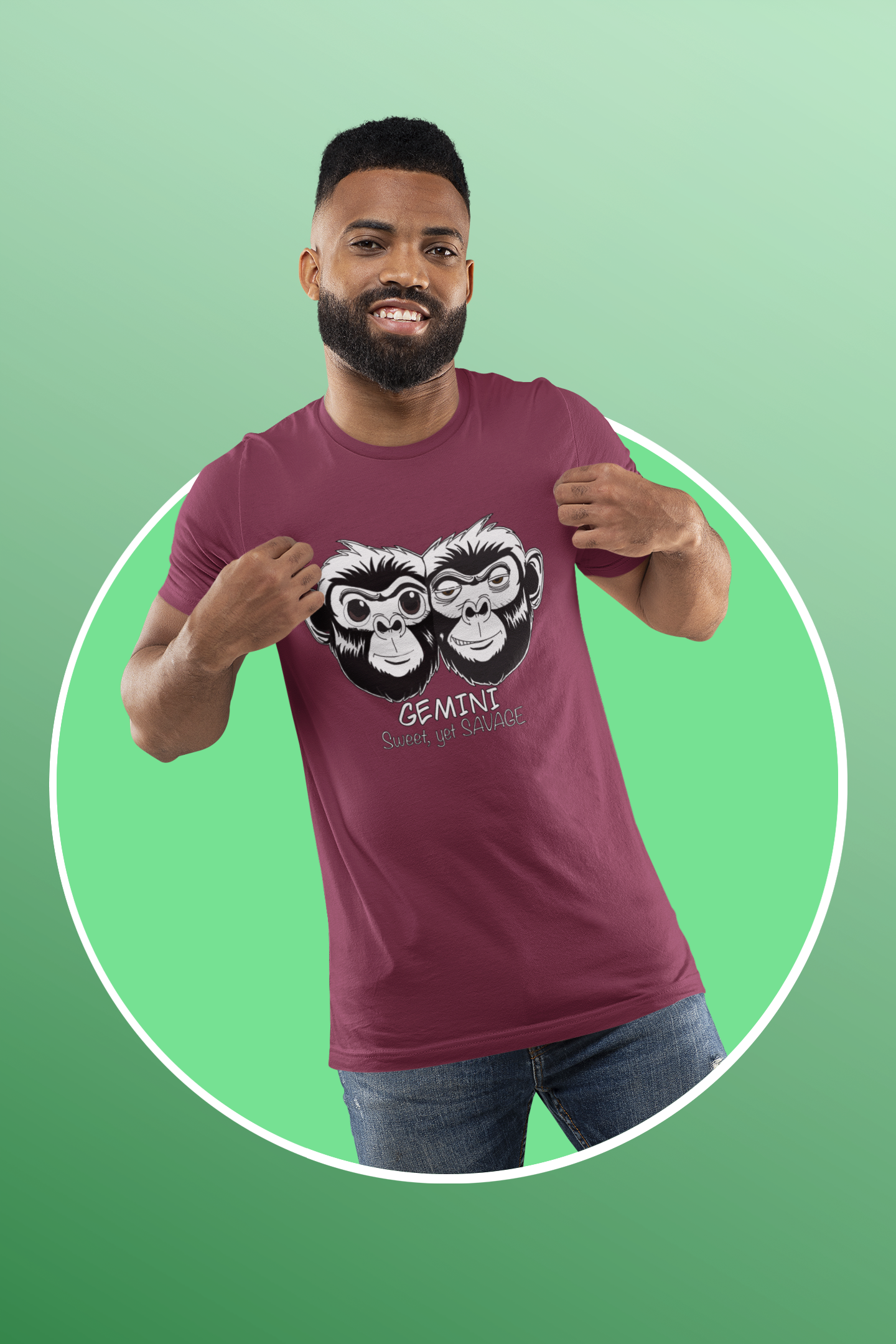 Man smiling while wearing a maroon Bella + Canvas t-shirt featuring the Gemini monkey design