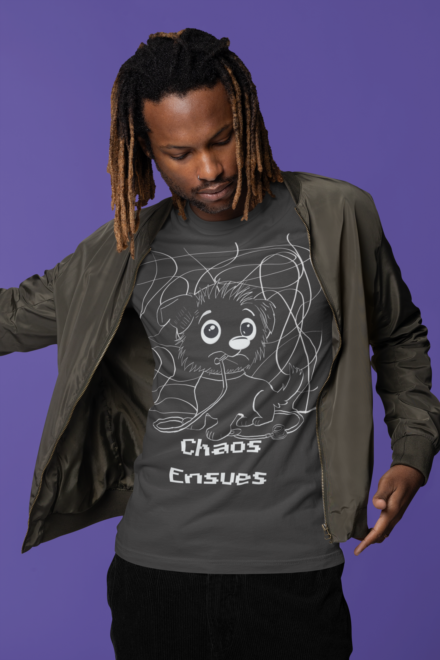 Man wearing heather dark grey Chaos Ensues t-shirt