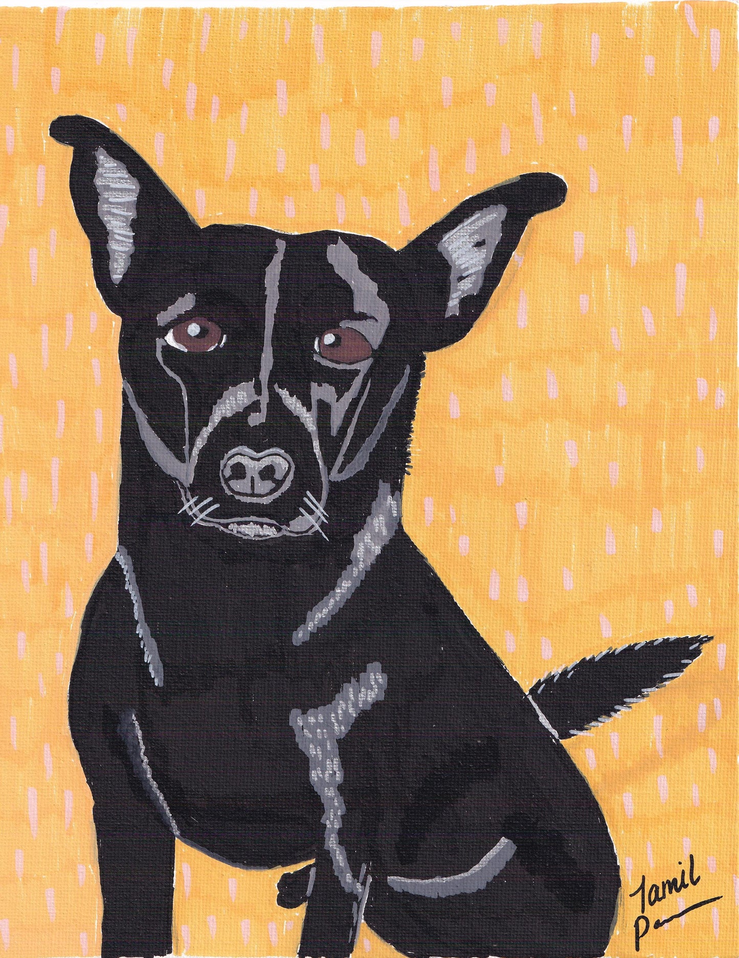 Mathis Loyal AF Original Grunge Art Print - GrungePup Original Artwork
Alt Text: Colorful mosaic-style portrait of Mathis the black lab mix with "Loyal AF" text, original digital art from GrungePup Gallery