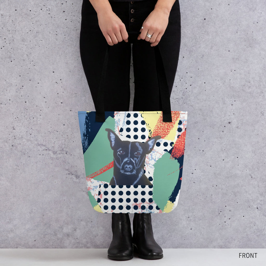 Front view of Mathis Pet Portrait all-over print tote bag showing colorful dog design