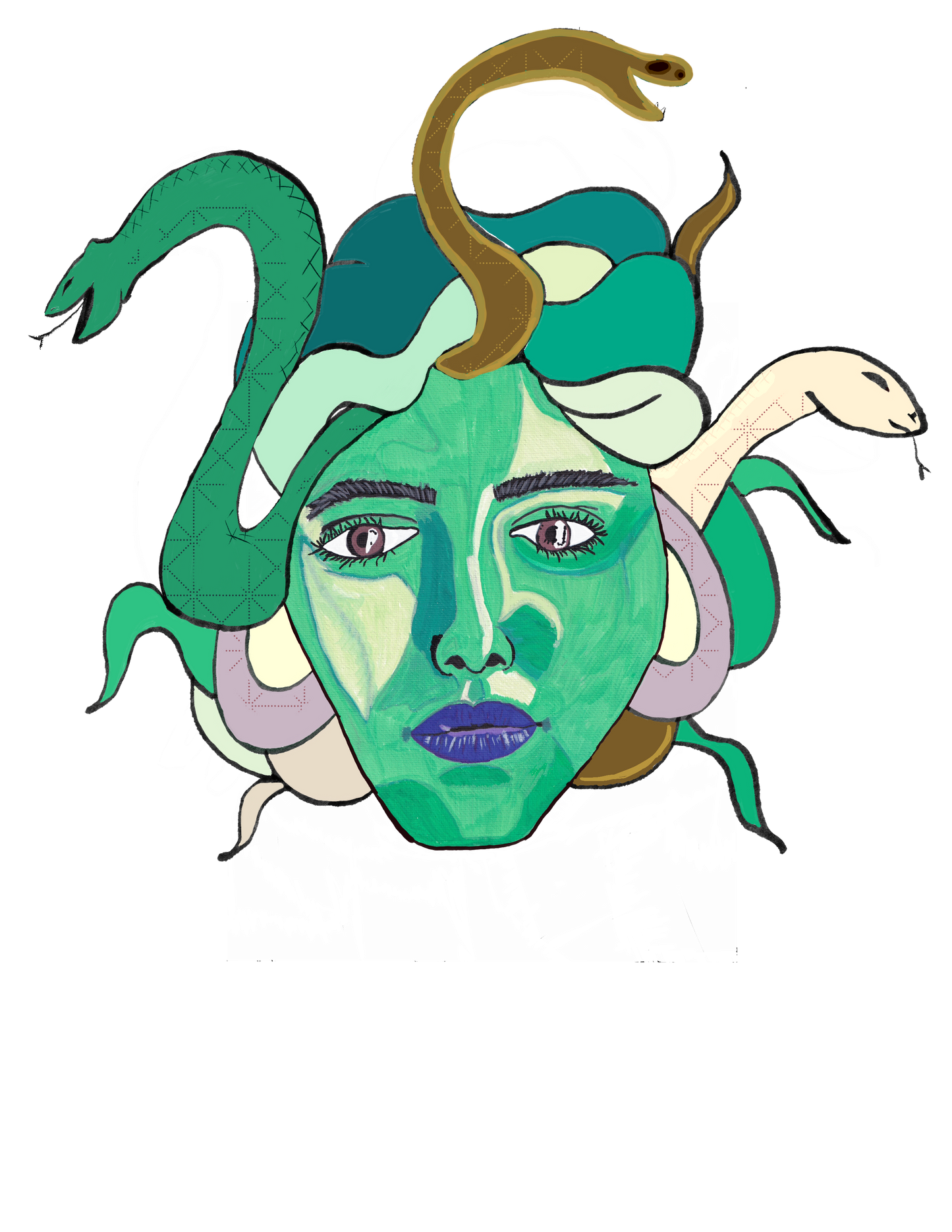 Close-up of the Medusa face design with green skin, purple lips, and gold, bone, and green snakes on a black background by GrungePup Gallery