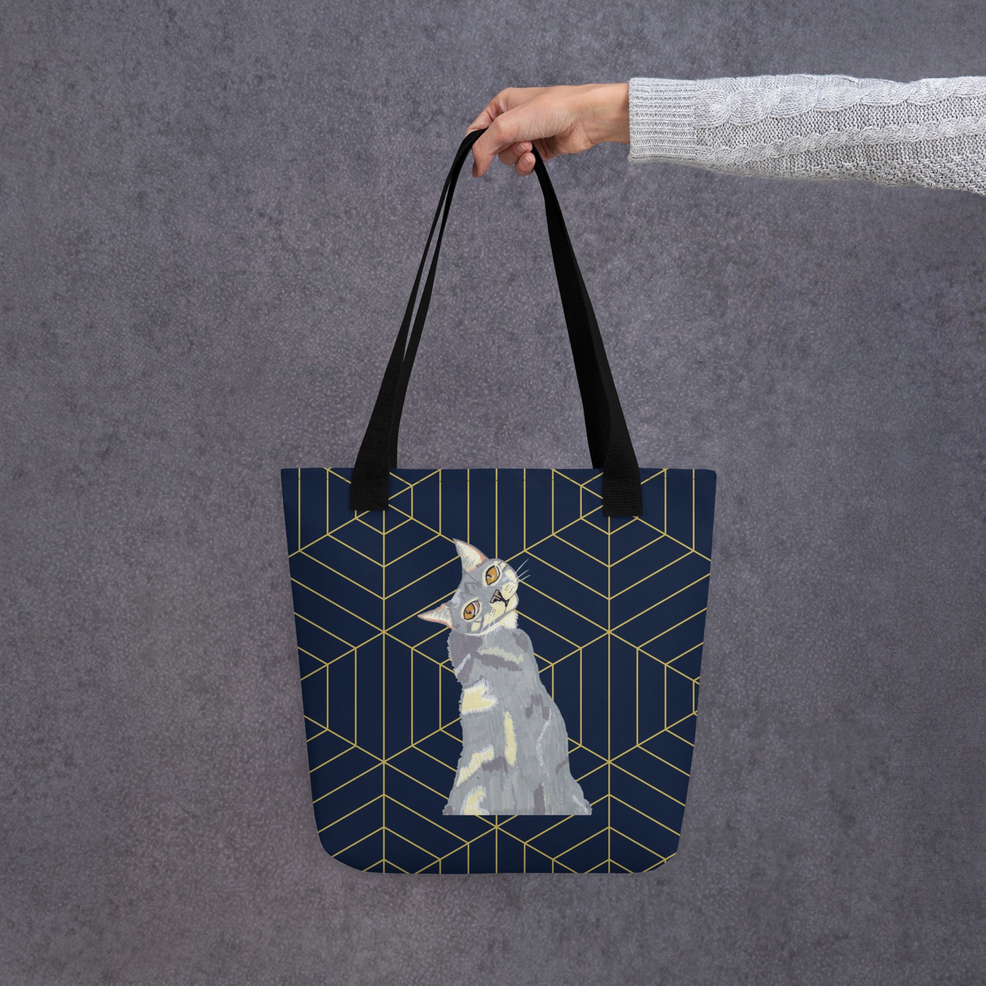 Front view of Mr. Grey Cat all-over print tote bag showing curious cat portrait