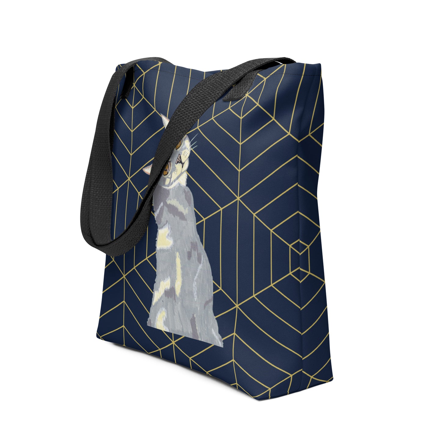 Side angle view of Mr. Grey Cat all-over print tote bag showing geometric pattern on side