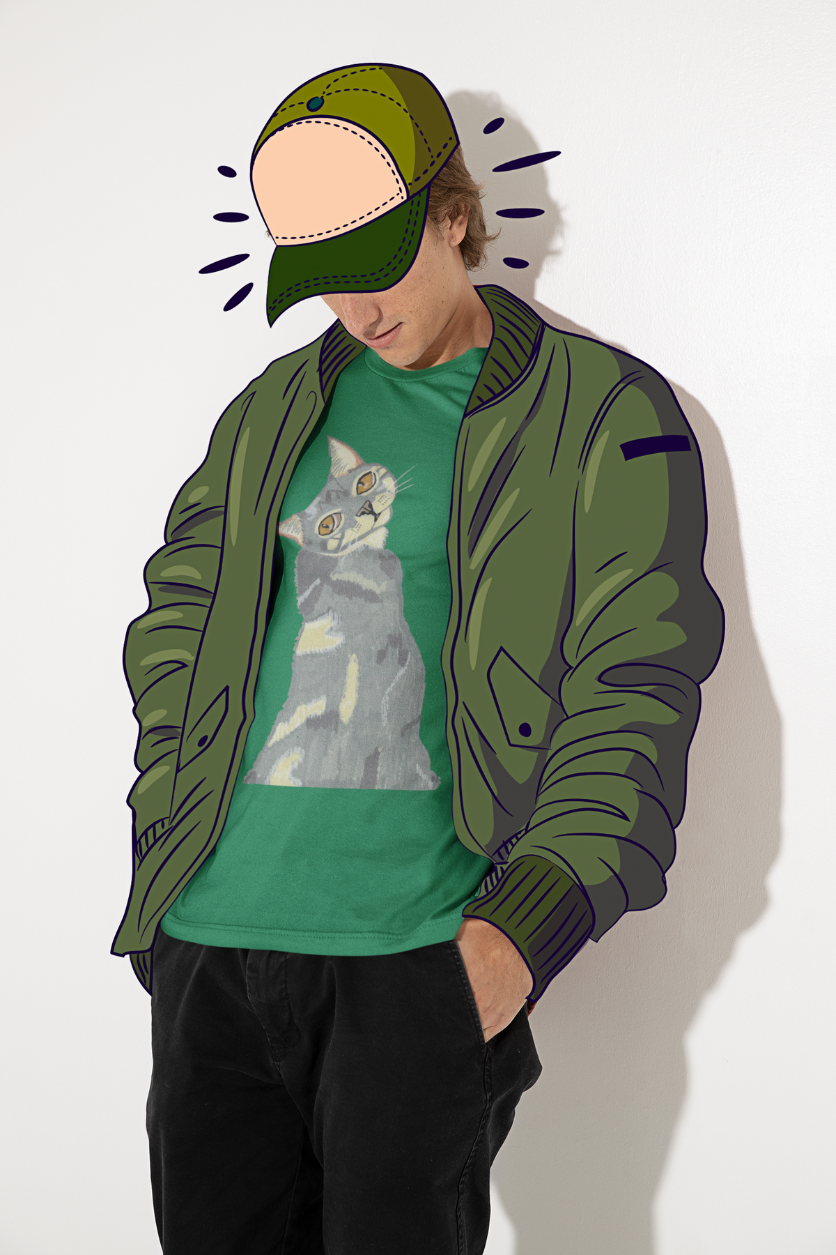 Man in a green bomber jacket and green trucker hat wearing the Mr. Grey Cat Portrait T-Shirt in kelly green, looking down.