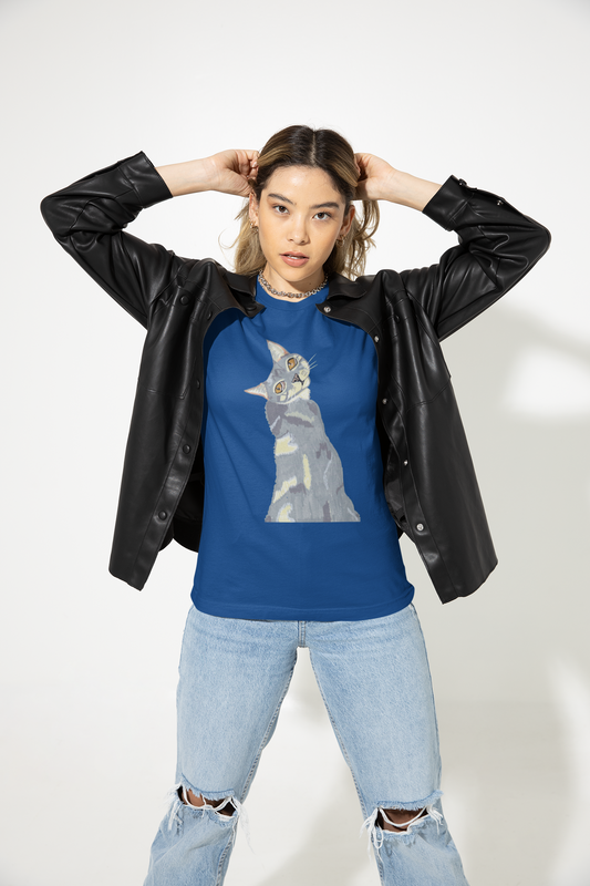 Woman in a black leather jacket with hands behind her head, wearing the Mr. Grey Cat Portrait T-Shirt in true royal blue.