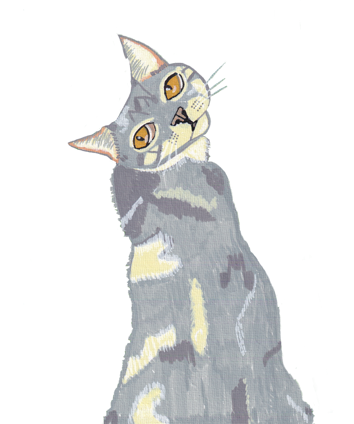Close-up of the hand-painted Mr. Grey cat portrait design on a black background, showing the gray cat with yellow eyes and brushstroke details.