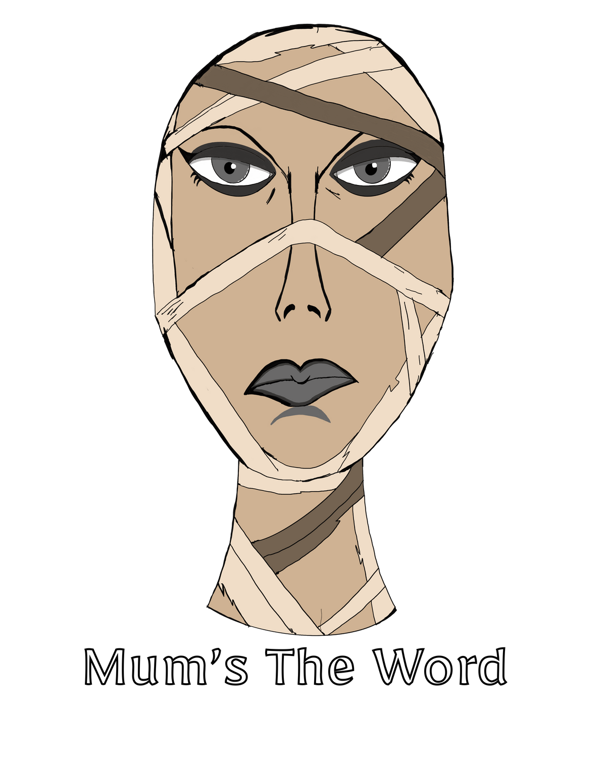 Close-up of the Mum’s The Word artwork, wrapped mummy face with grey eyes and lips on a black background
