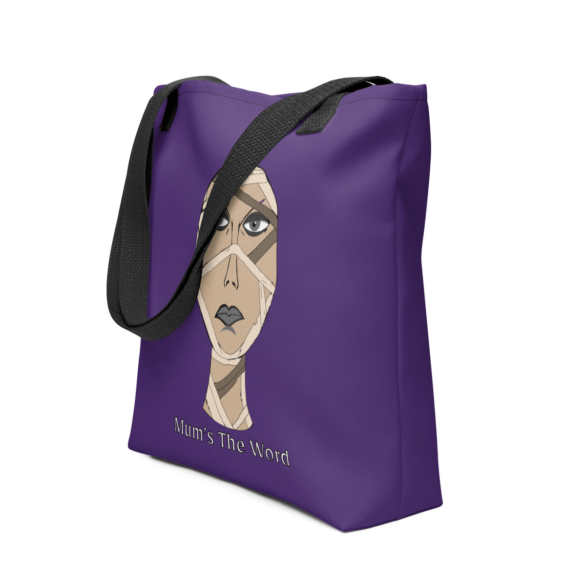 Side angle of the purple Mum’s The Word tote bag with no model, showing the strap and bag depth