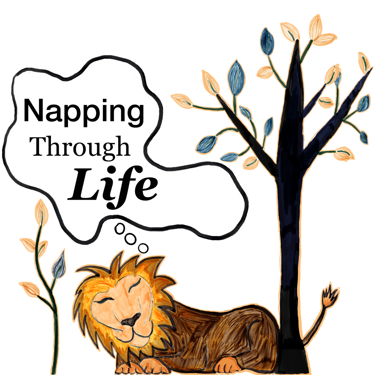 Clean close-up of the Napping Through Life original artwork. Sleeping lion under the tree with the thought bubble on a solid black background.
