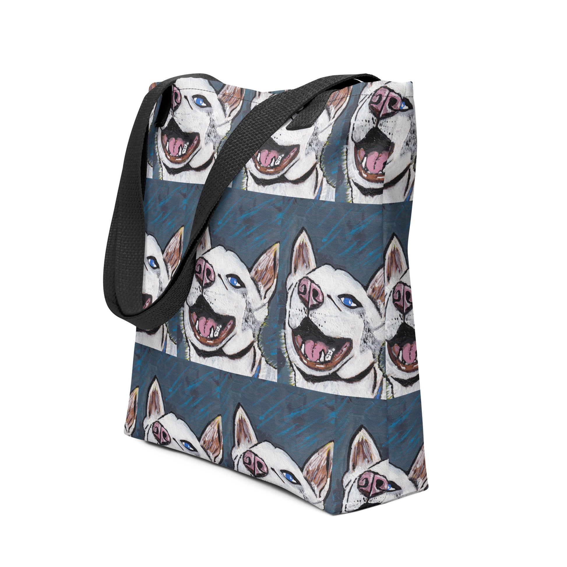 Side angle view of Nico Face all-over print tote bag showing depth and repeating husky design