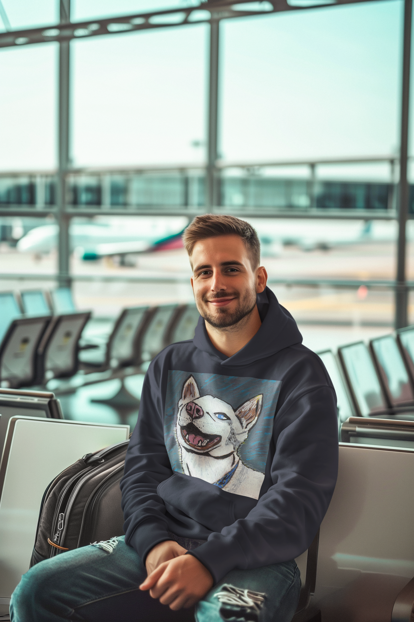 Man sitting wearing navy Nico Face hoodie featuring joyful husky portrait