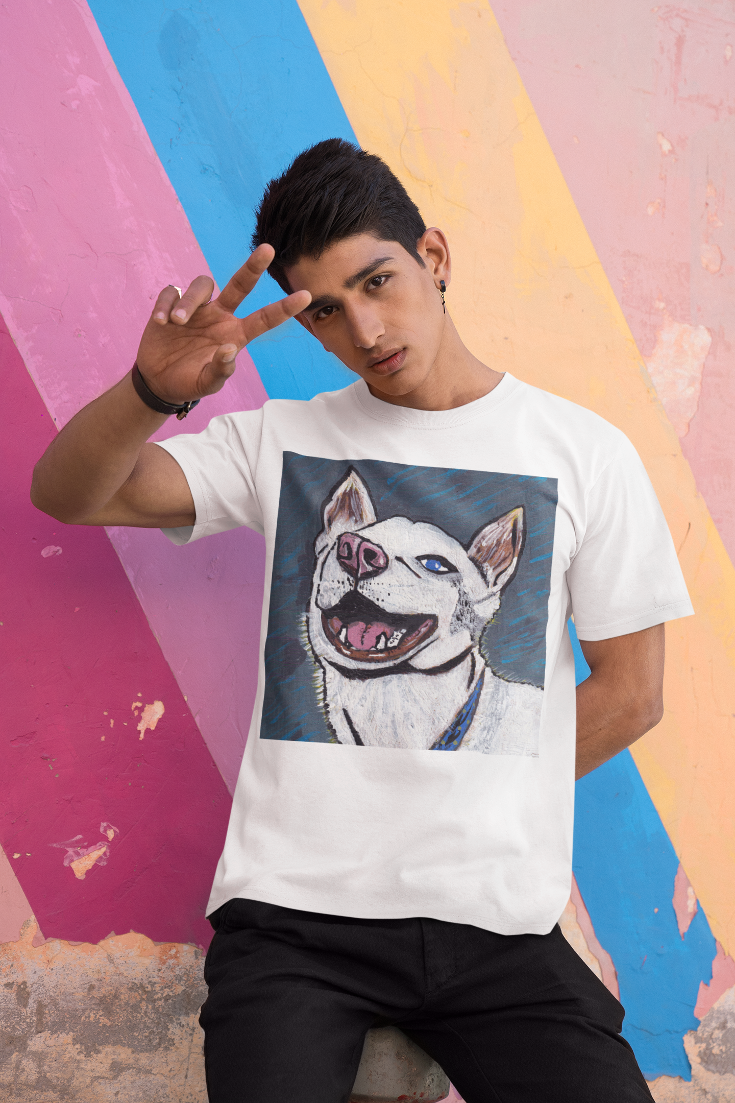 Man making peace sign wearing white Nico Face t-shirt featuring husky portrait