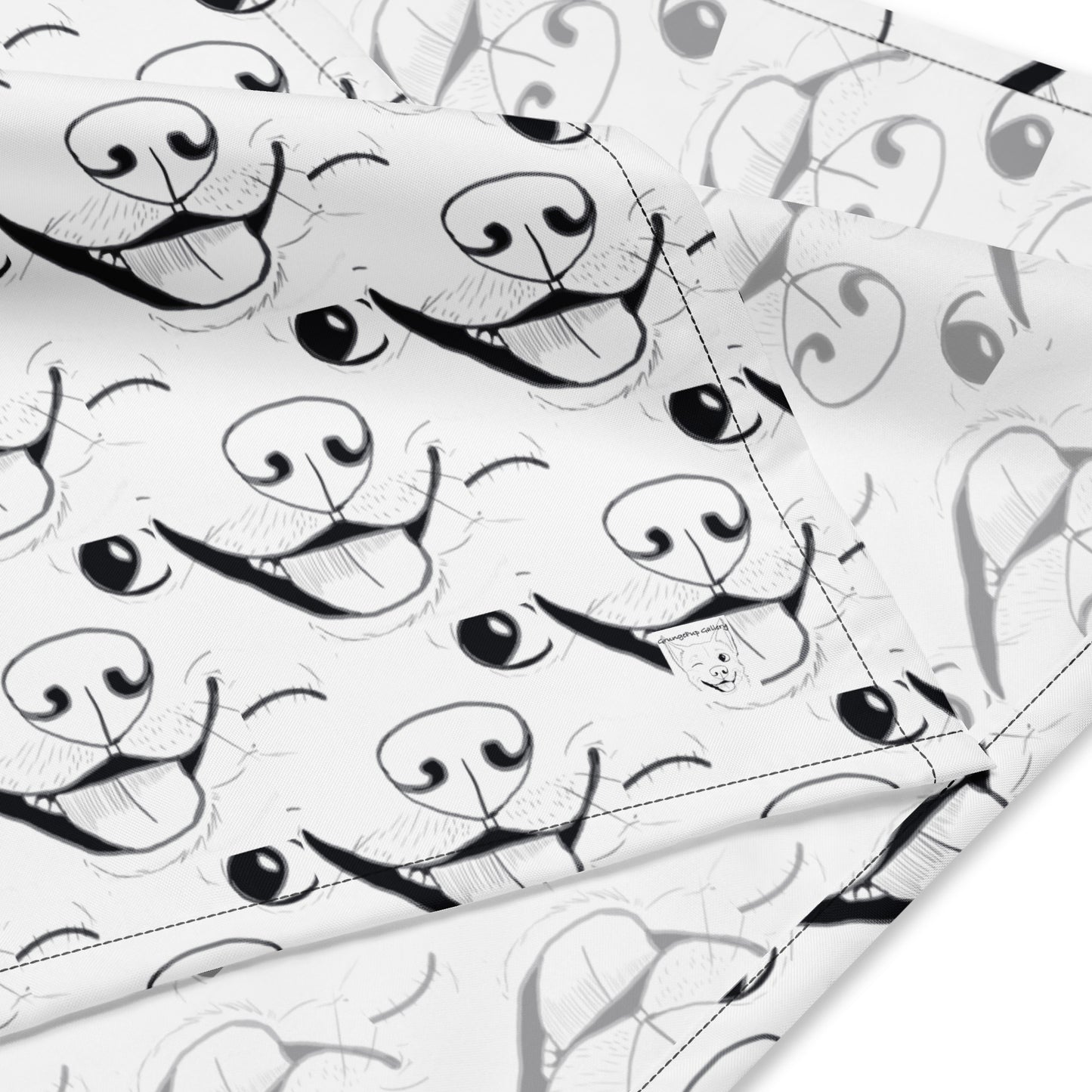 Close up detail of Nico Inspired all-over print bandana showing the repeating Nico face design