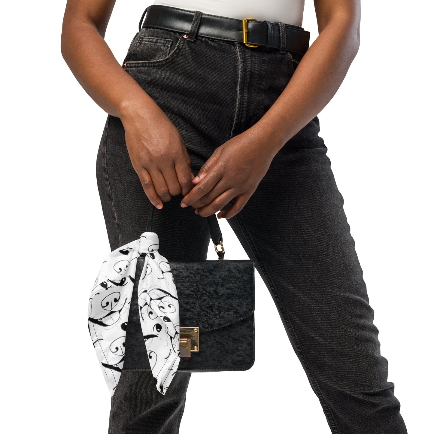 Nico Inspired all-over print bandana tied on a black purse